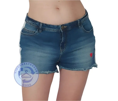 Gebrauchte blaue Jeansshorts Größe 42 mit Fransen und weißem Rand