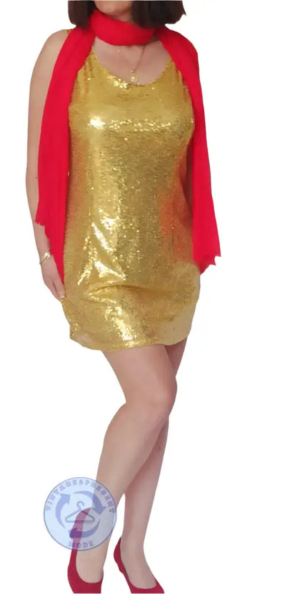 Glänzendes goldenes Sequinkleid Größe L, Halterhals, roter Schal, top Zustand