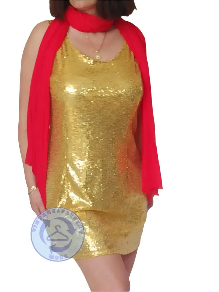 Glänzendes Gold-Sequinkleid Größe L mit rotem Schal, top Zustand