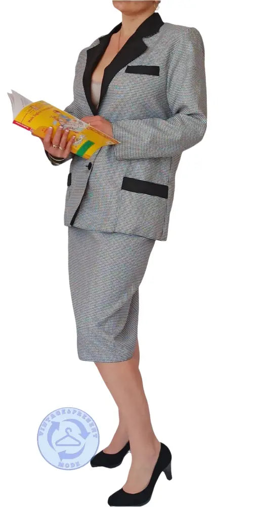 Gebrauchtes Pepita Damenkostüm: grauer Blazer und Rock mit schwarzem Kontrast
