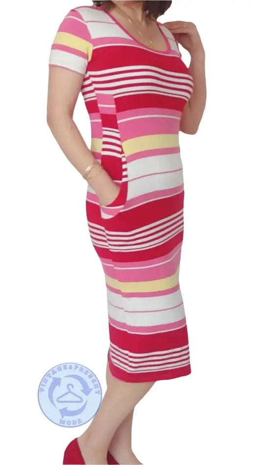 Gebrauchtes Sommerkleid Größe L aus Baumwolle und Elasthan mit bunten Streifen