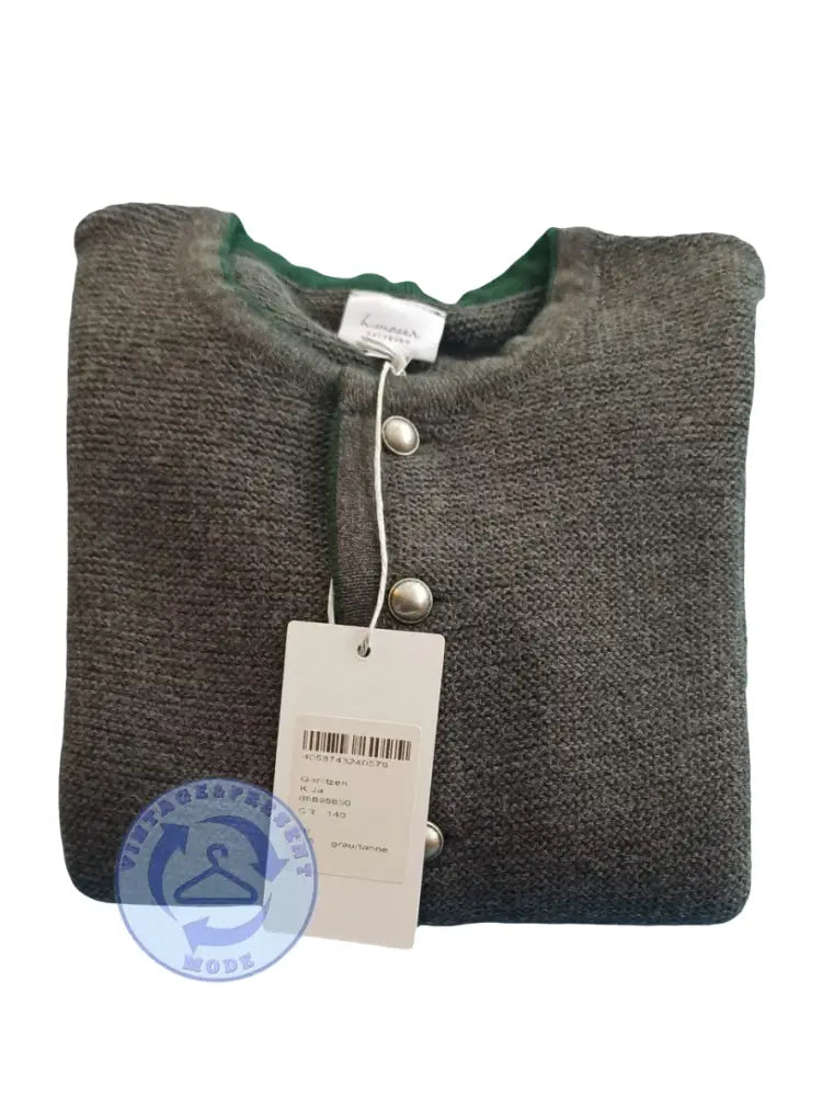 Gefaltete Moser Strickjacke neuwertig, dunkelgrau gestrickt mit grünem Kragen und Silberknöpfen