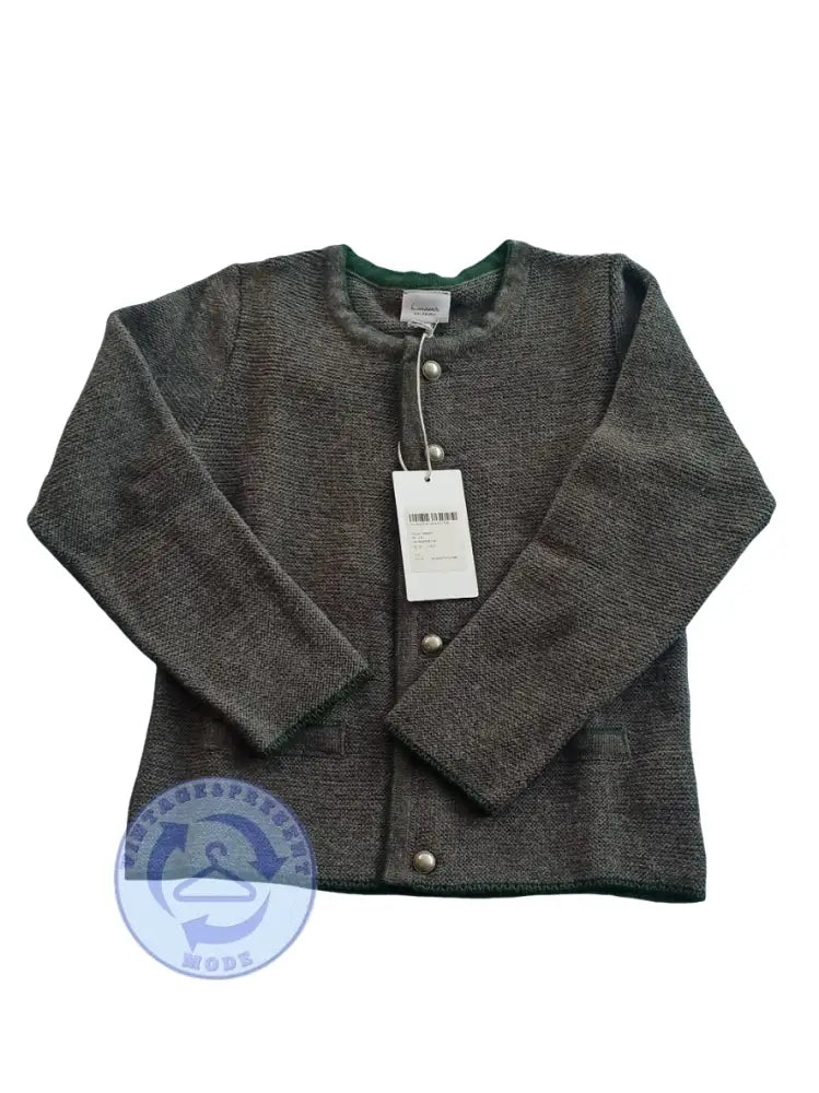 Neuwertige Moser Strickjacke in dunklem Grau mit grünem Kragen und Manschetten