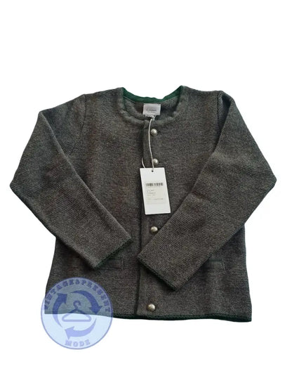 Neuwertige Moser Strickjacke in dunklem Grau mit grünem Kragen und Manschetten