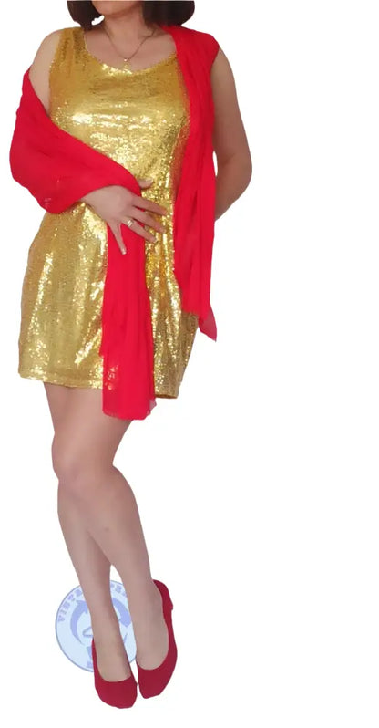 Goldenes Sequenz-Mini-Kleid Gr. L mit rotem Schal, gebraucht top Zustand