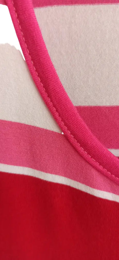 Vibrantes gebrauchtes Sommerkleid Größe L aus Baumwolle und Elasthan in pink-weiß gestreift mit passendem pinkem Rippenkragen