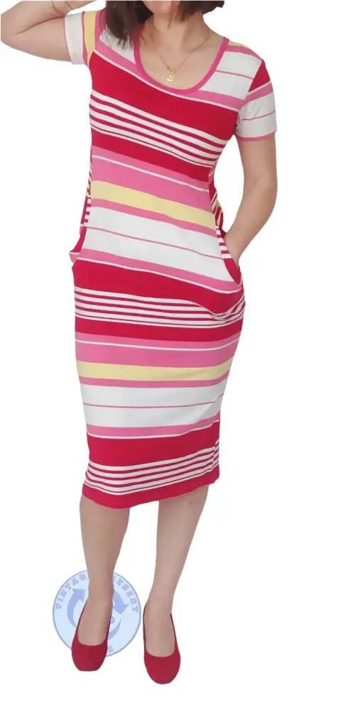 Gebrauchtes Sommerkleid Größe L in pink-weiß-gelben Streifen aus Baumwolle und Elasthan