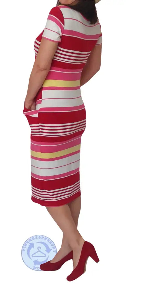 Gebrauchtes Sommerkleid Größe L aus Baumwolle und Elasthan, gestreift in Rot, Pink, Weiß und Gelb