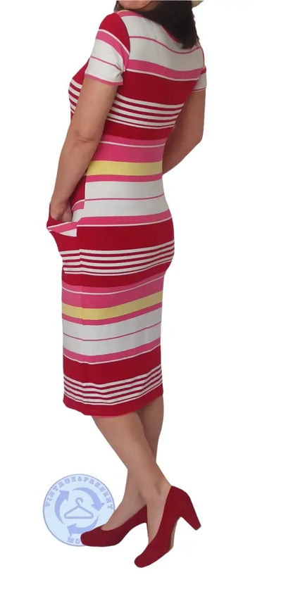 Gebrauchtes Sommerkleid Größe L aus Baumwolle und Elasthan, gestreift in Rot, Pink, Weiß und Gelb