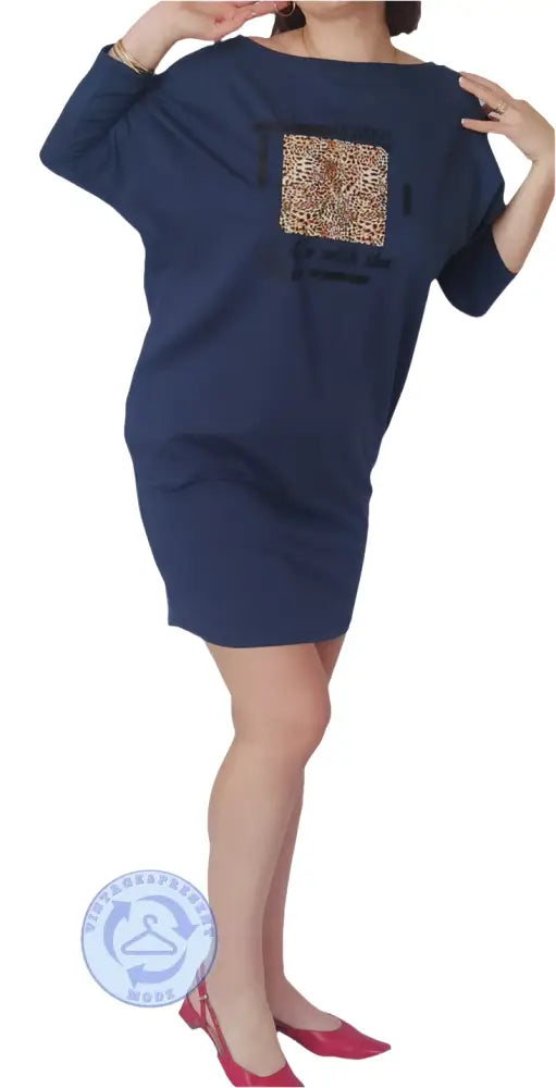 Navyblaues oversized T-Shirt-Kleid mit Leoparden-Print-Patch, Größe L gebraucht