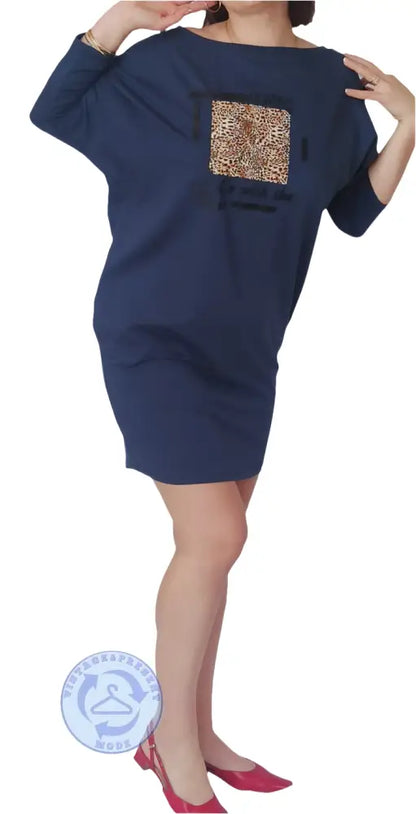 Navyblaues oversized T-Shirt-Kleid mit Leoparden-Print-Patch, Größe L gebraucht