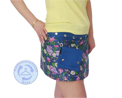 Blauer Wickelrock Wenderock aus Baumwolle mit passender Tasche und silberner Hardware